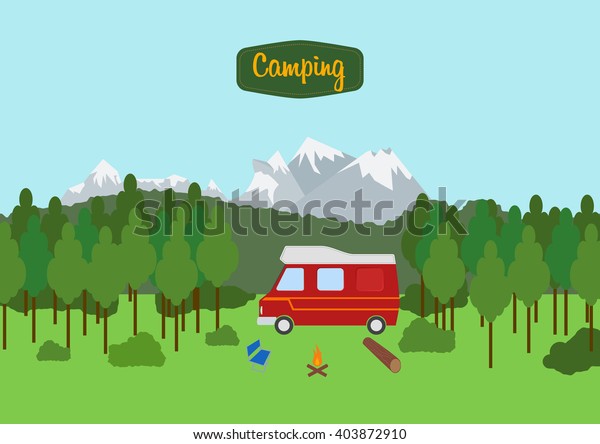 Illustration with camping car, fire on\
mountain and forest on\
background