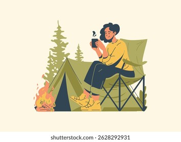 Illustration of an Camping  Drinking Coffee Character Cartoon