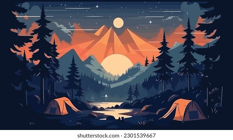 illustration of Camping Evening Scene. Tent, Campfire, Pine forest and rocky mountains background, starry night sky with moonlight