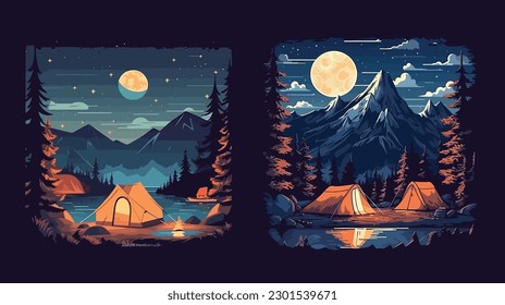 illustration of Camping Evening Scene. Tent, Campfire, Pine forest and rocky mountains background, starry night sky with moonlight