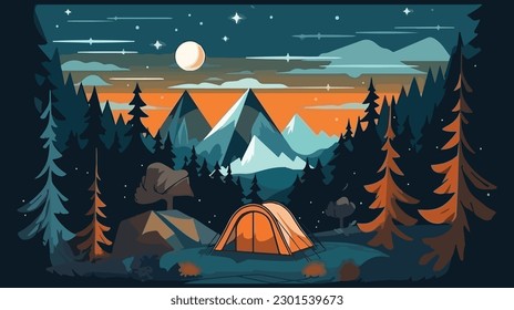 illustration of Camping Evening Scene. Tent, Campfire, Pine forest and rocky mountains background, starry night sky with moonlight