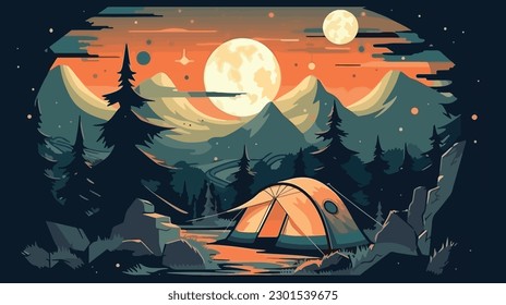 illustration of Camping Evening Scene. Tent, Campfire, Pine forest and rocky mountains background, starry night sky with moonlight