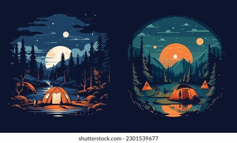 ilustración de Camping Evening Scene. Tienda, Fogata, Bosque de Pino y fondo de montañas rocosas, cielo estrellado nocturno con luz de luna