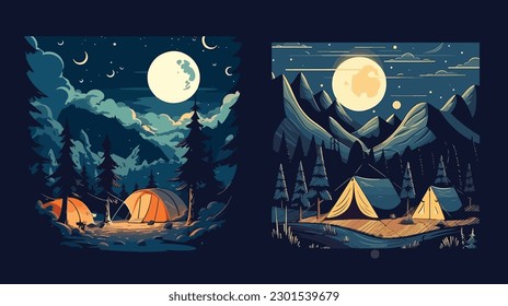 illustration of Camping Evening Scene. Tent, Campfire, Pine forest and rocky mountains background, starry night sky with moonlight