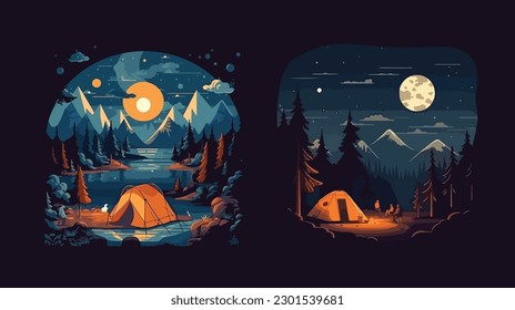 illustration of Camping Evening Scene. Tent, Campfire, Pine forest and rocky mountains background, starry night sky with moonlight