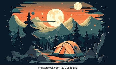 illustration of Camping Evening Scene. Tent, Campfire, Pine forest and rocky mountains background, starry night sky with moonlight