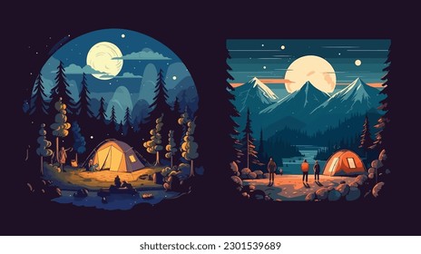illustration of Camping Evening Scene. Tent, Campfire, Pine forest and rocky mountains background, starry night sky with moonlight
