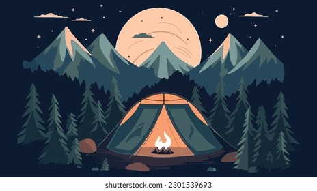 ilustración de Camping Evening Scene. Tienda, Fogata, Bosque de Pino y fondo de montañas rocosas, cielo estrellado nocturno con luz de luna