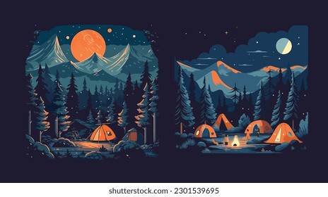 illustration of Camping Evening Scene. Tent, Campfire, Pine forest and rocky mountains background, starry night sky with moonlight