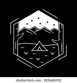 Illustration of camping at the foot of mountain with white outline. Line art camping at the foot of a mountain flanked by tree trunks. Illustration design for apparel products, mugs and wall posters