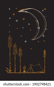 illustration of camping in a forest in the beautiful crescent light