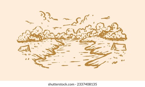 Illustration of camping on the edge of the river with a tree background. Handdrawn stylized illustrations