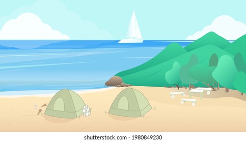 Illustration of a camping site with tents on the beach, ocean on the background of mountains. Background with a summer camp for vacation. Suitable for page design, web design, banner design, wallpaper
