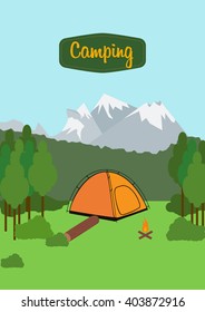 Illustration with camping tent, fire on mountain and forest on background
