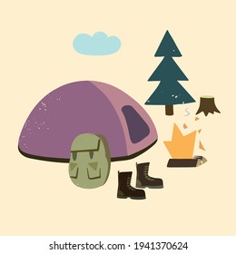 Ilustración de carpas de campamento y fuego en simple caricatura estilo doodle.