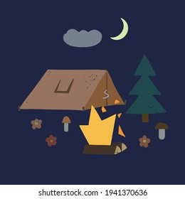 Illustration of camping tent and fire in simple cartoon doodle style.