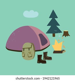 Ilustración de carpas de campamento y fuego en simple caricatura estilo doodle.