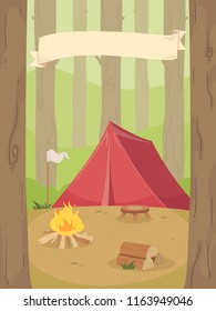 Illustration of Camping Tent, Flag, Bonfire and Logs in the Woods