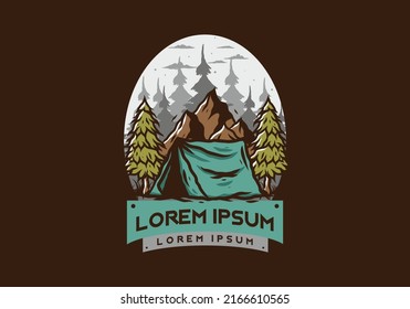 Illustration of the camping tent in front of the mountain and between pine trees