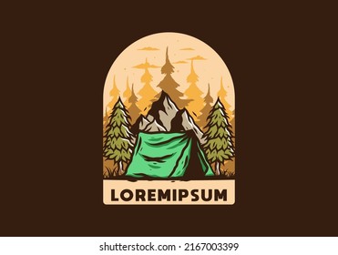 Illustration of the camping tent in front of the mountain and between pine trees