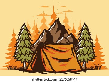 Illustration of the camping tent in front of the mountain and between pine trees