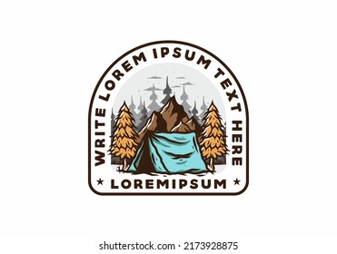 Illustration of the camping tent in front of the mountain and between pine trees