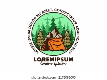 Illustration of the camping tent in front of the mountain and between pine trees