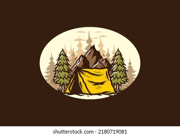 Illustration of the camping tent in front of the mountain and between pine trees