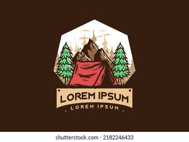 Illustration of the camping tent in front of the mountain and between pine trees