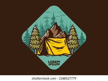 Illustration of the camping tent in front of the mountain and between pine trees