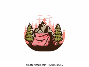Illustration of the camping tent in front of the mountain and between pine trees