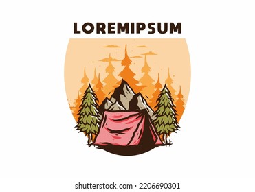 Illustration of the camping tent in front of the mountain and between pine trees