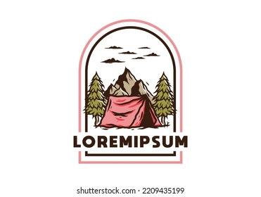 Illustration of the camping tent in front of the mountain and between pine trees