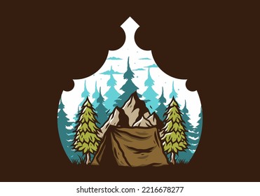 Illustration of the camping tent in front of the mountain and between pine trees
