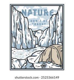 Illustration of a camping tent set up on a snowy mountainside, promoting the beauty of nature and responsible outdoor ethics