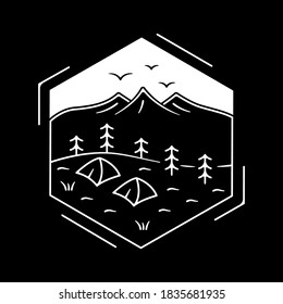 Illustration of camping together at the foot of the mountain with white outline. Line art camping camping at the foot of the mountain with isolated hexa shape. Illustration design for apparel products