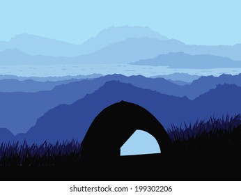 Illustration of camping in the view point on the mountain.
