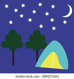 Illustration of camping in the woods with a tent at night
