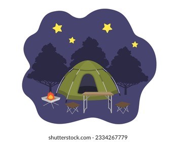 Illustration of a campsite at night.