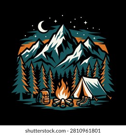 Illustration of a campsite at night featuring a tent campfire backpack and snowy mountains under a starry sky