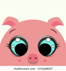 Illustration. Can be used as a new year greeting. It depicts a pink pig's head. The pig has blue eyes and a pink Piglet. Piggy on a light background.