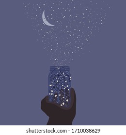 Illustration with a can in hand.  Night lanterns.  A romantic gift.  Starry sky.