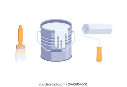 Illustration of a can of white paint and a brush and roller. A bucket of paint, a roller and a brush.