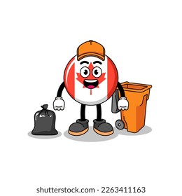 Illustration of canada flag cartoon as a garbage collector , character design