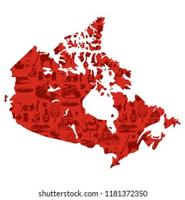 Illustration of Canada map. Canadian traditional symbols and attractions.