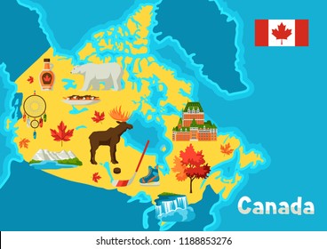 Illustration of Canada map. Canadian traditional symbols and attractions.