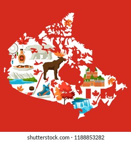 Illustration of Canada map. Canadian traditional symbols and attractions.