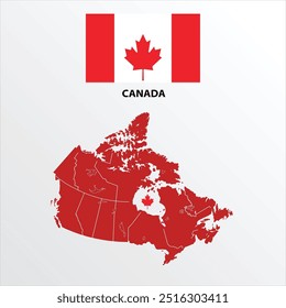 An illustration of the Canadian flag overlaid on a map of Canada, with the red maple leaf centered and the red bars extending across the country.