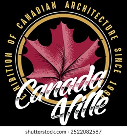 Ilustração de folha de árvore de bordo canadense com textos em ornamento de patchwork, escudos bordados e números, estilo de vida rústico na natureza colorida em tons de verão.