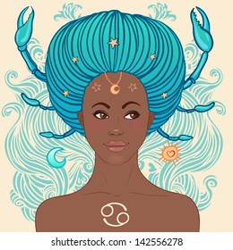 Illustration of Cancer astrological sign as a beautiful African American girl. Zodiac vector illustration isolated on white. Future telling, horoscope, alchemy, spirituality, fashion black woman.